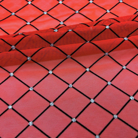 Diamonds Flocked Stretch Mesh Nylon Spandex Fabric - Black, Red, White, Skin, Burgundy, Kelly, Navy Diamond Flocked Mesh, 58/60" Cut Width, 54" Usable Width (1 Yard)