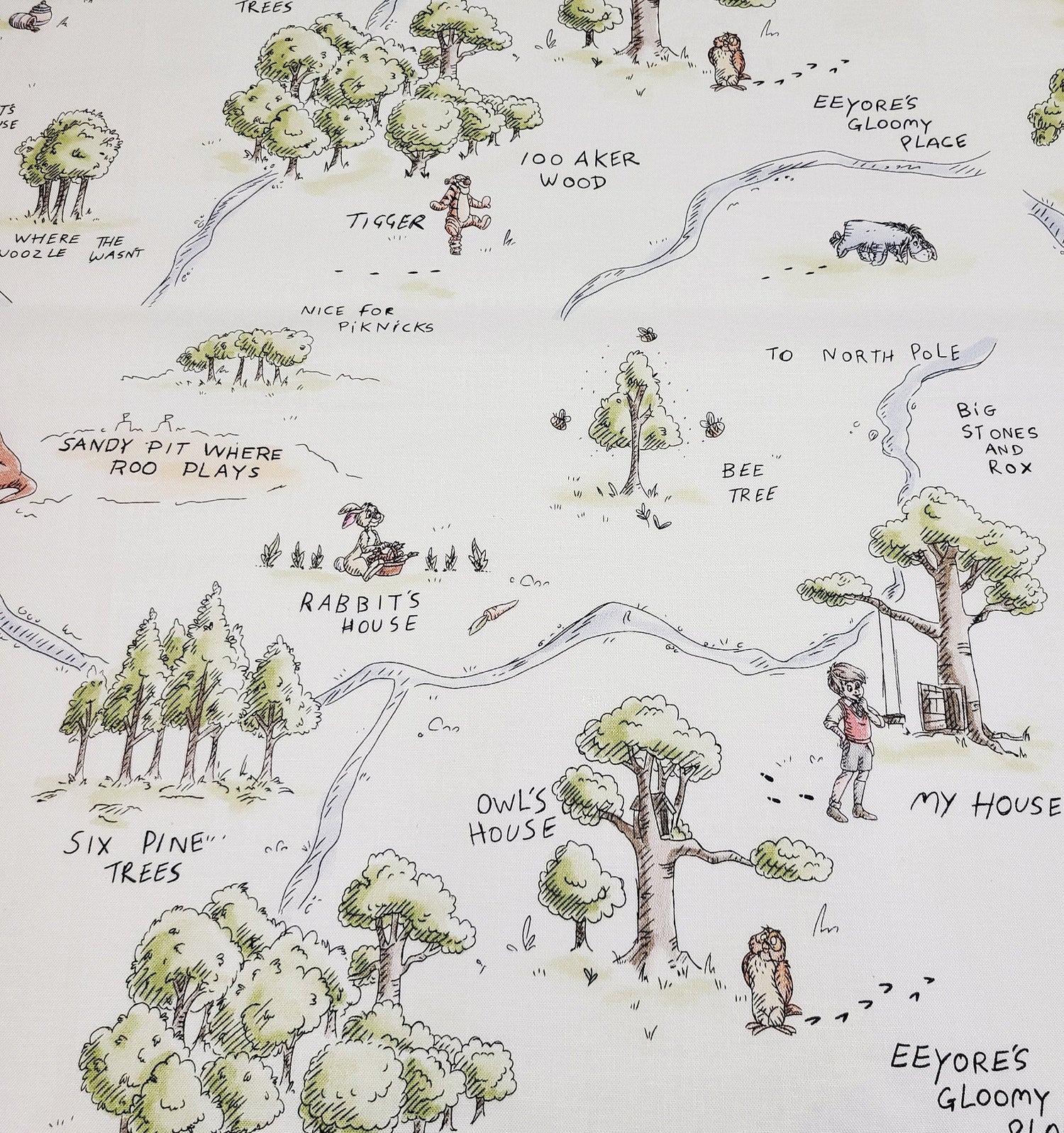 Quilting Cotton Disney Winnie the Pooh Map on White