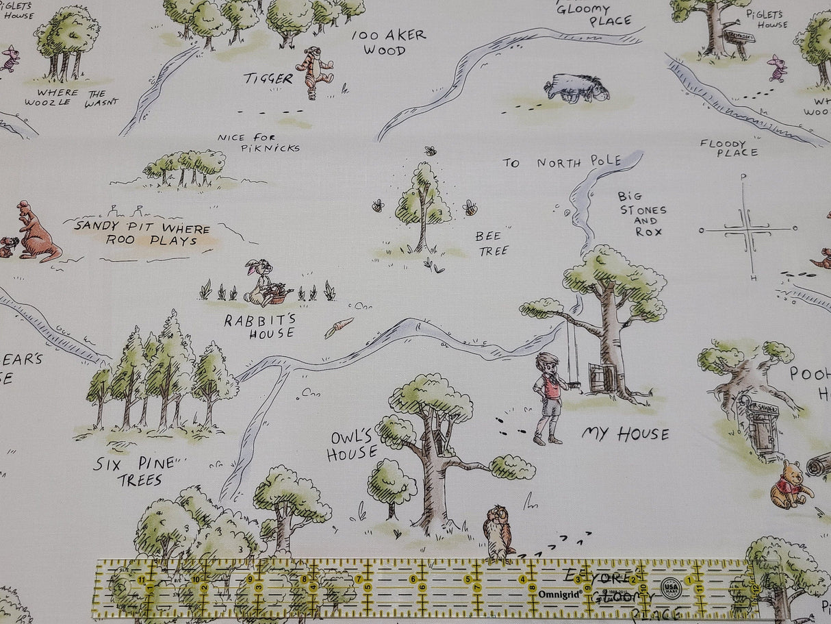 Quilting Cotton Disney Winnie the Pooh Map on White