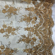 DK Gold Sequin Lace Fabric With Embroideries On Mesh - Gold Embroidered Lace, Sequin Detail, Mesh Base