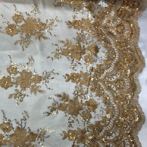 DK Gold Sequin Lace Fabric With Embroideries On Mesh - Gold Embroidered Lace, Sequin Detail, Mesh Base