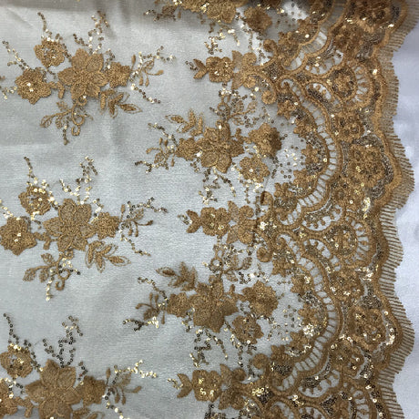 DK Gold Sequin Lace Fabric With Embroideries On Mesh - Gold Embroidered Lace, Sequin Detail, Mesh Base