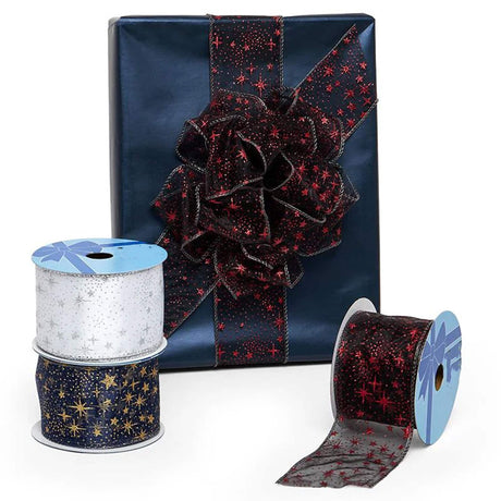 Glitter Stars On Wired Ribbon 2 1/2 '' X 10 yd 1 / ROLL Silver / Blue (Sheer)