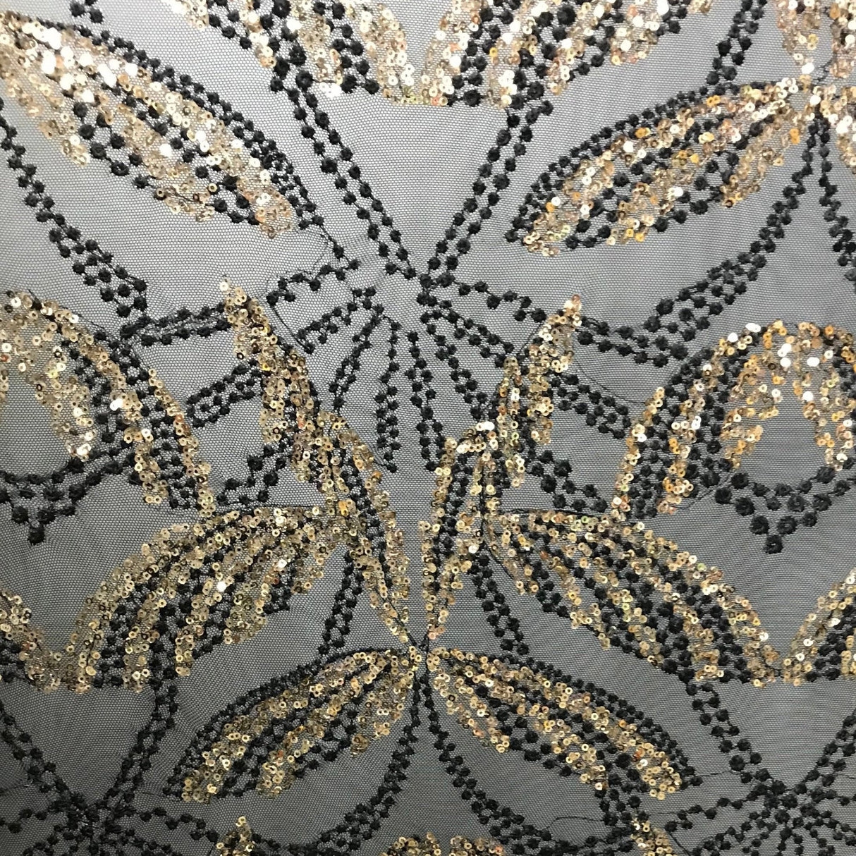 Dragonfly Mesh Sequin Polyester Spandex Fabric - Black/Gold Abstract Wing Pattern, 50" Width (1 Yard)