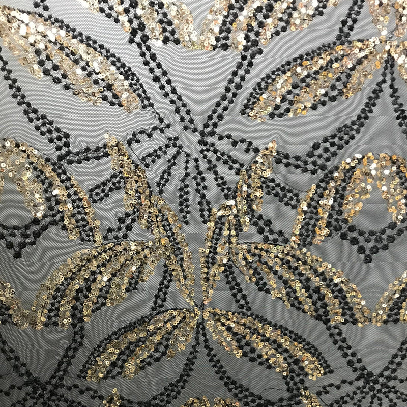 Dragonfly Mesh Sequin Polyester Spandex Fabric - Black/Gold Abstract Wing Pattern, 50" Width (1 Yard)
