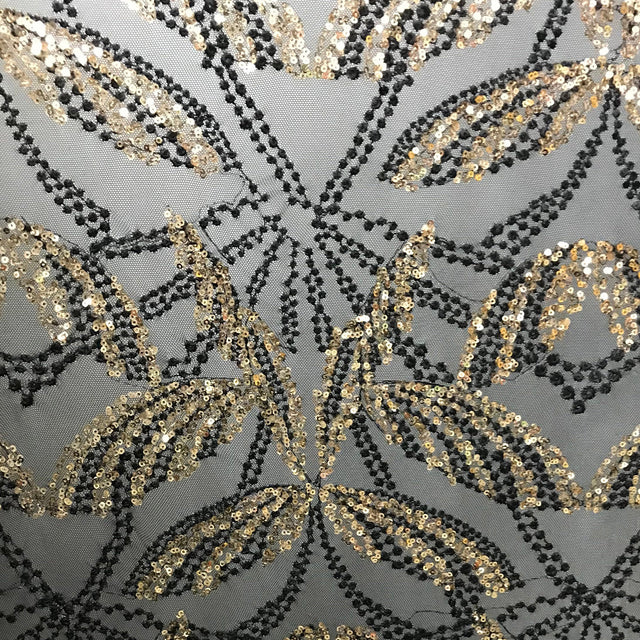 Dragonfly Mesh Sequin Polyester Spandex Fabric - Black/Gold Abstract Wing Pattern, 50" Width (1 Yard)