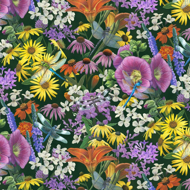 Quilting Cotton Dragonfly Magic Packed Flowers Elizabeth's Studio