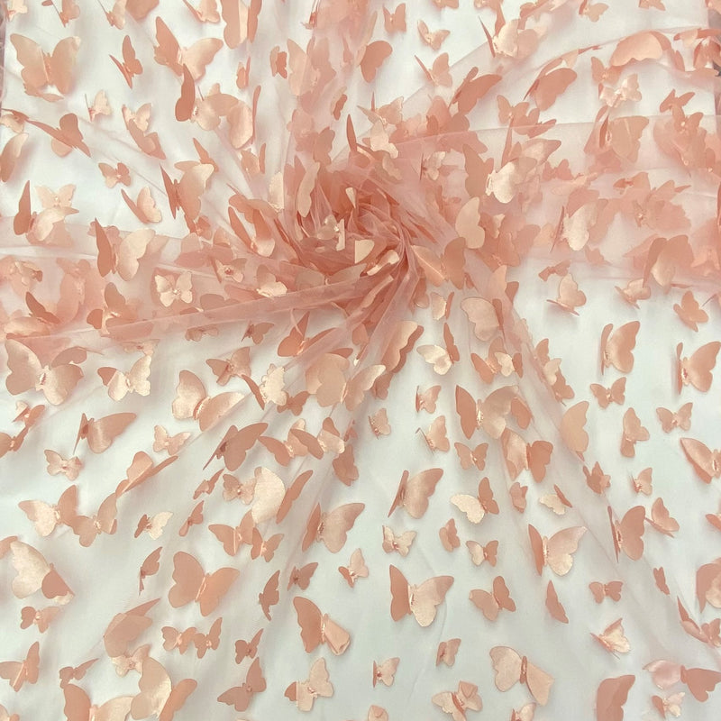 1 Yard Dusty Rose 3D Butterfly Mesh Fabric with Satin Appliqué on Lightweight Stretch Tulle 54 Inch Wide