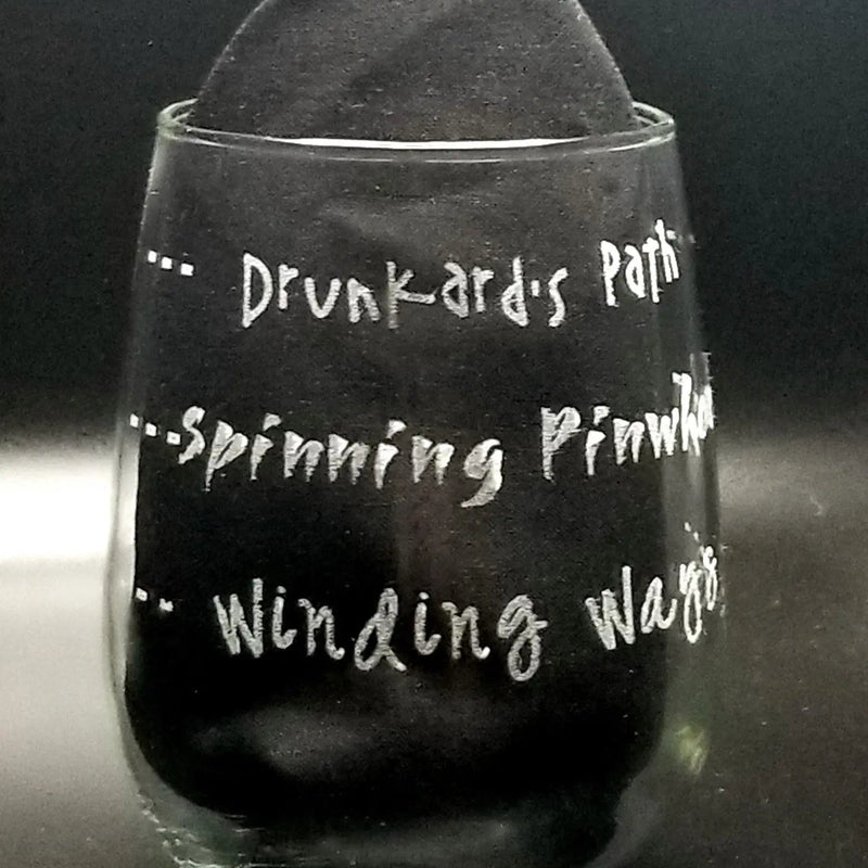 Engraved Stemless Wine Glass Drunkard's Path
