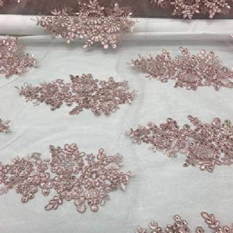 Dusty Rose Sequin Lace Fabric - Embroidered Mesh, Dusty Rose, 52" Width