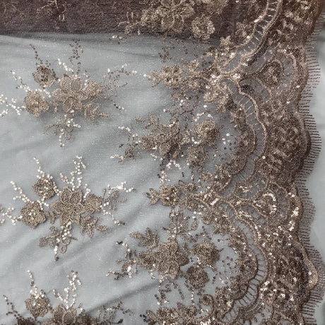 Dusty Rose Sequin Lace Fabric With Embroideries On Mesh - Dusty Rose Embroidered Lace, Mesh Fabric
