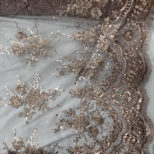 Dusty Rose Sequin Lace Fabric With Embroideries On Mesh - Dusty Rose Embroidered Lace, Mesh Fabric
