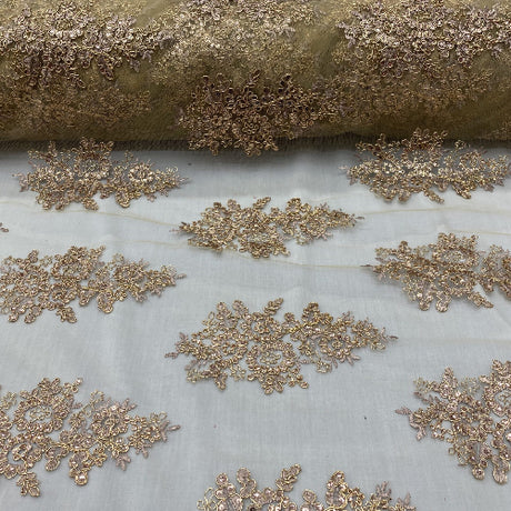 Dusty Gold Sequin Lace Fabric - Floral Embroideries On Mesh