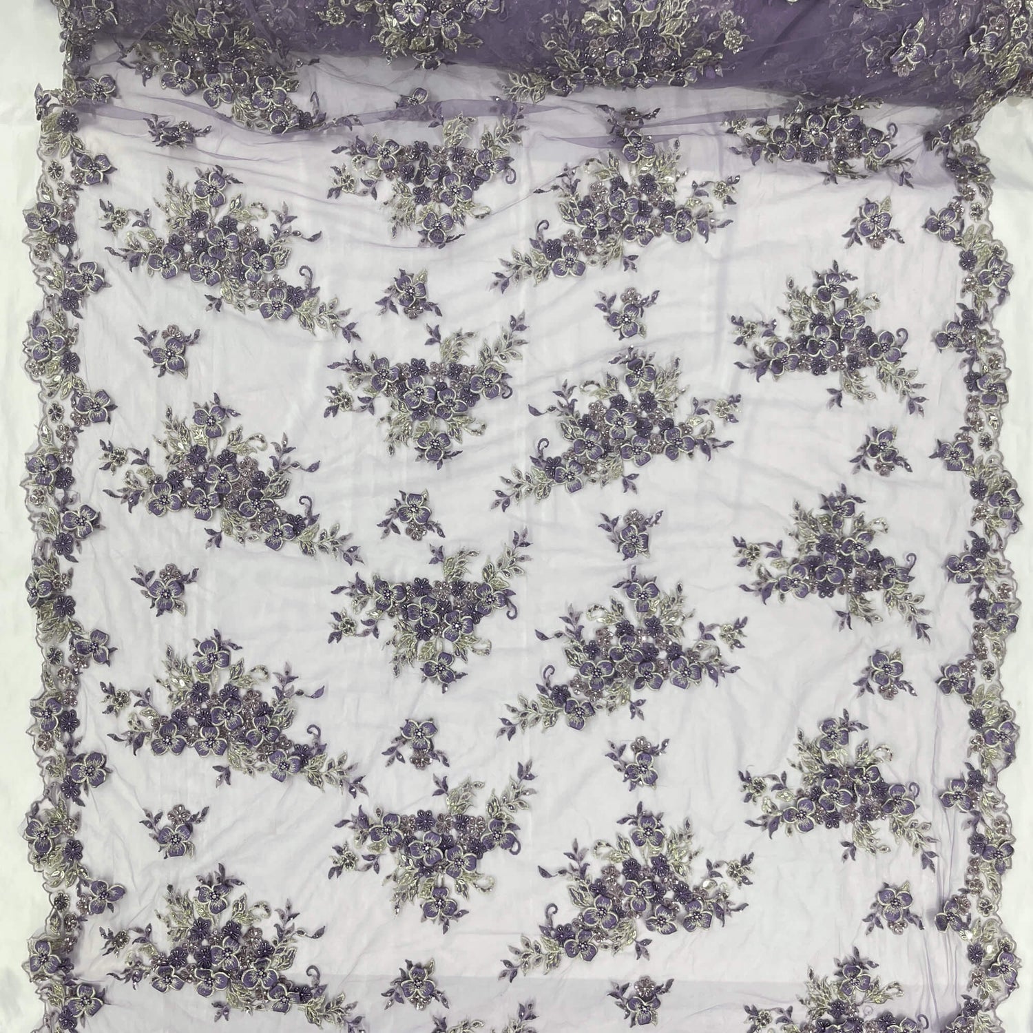 3D Beaded Floral Lace Mesh Fabric