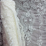 1 Yard Sophisticated Corded Bridal Lace Fabric Embroidered on 100% Polyester Net Mesh White