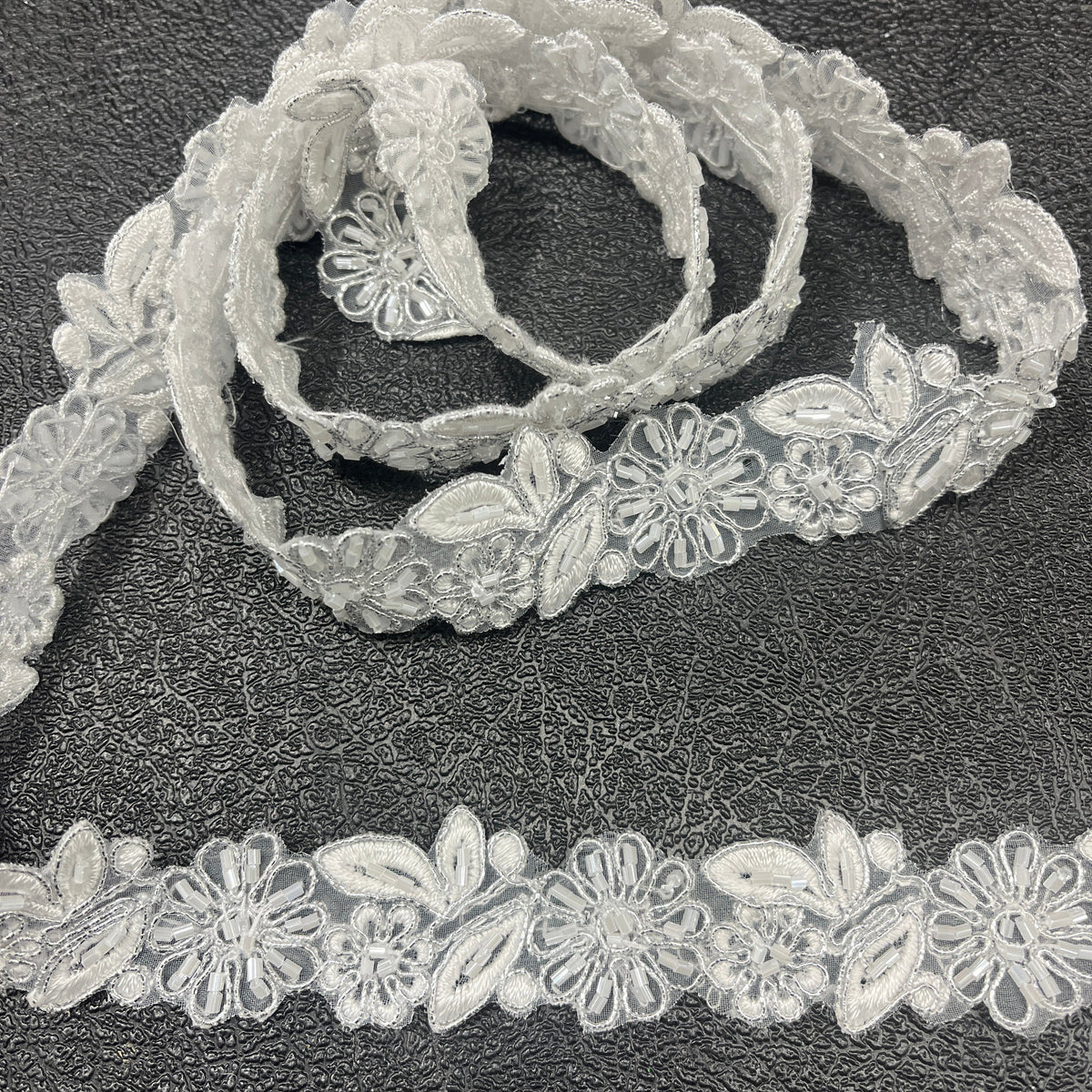 1 Yard Beaded & Corded Lace Trimming Embroidered on 100% Polyester Organza 1" Wide