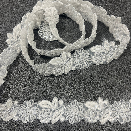 1 Yard Beaded & Corded Lace Trimming Embroidered on 100% Polyester Organza 1" Wide