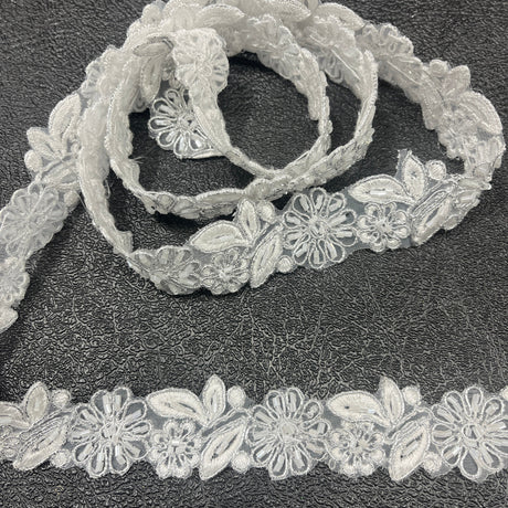 Beaded & Corded Lace Trimming Embroidered On 100% Polyester Organza Fabric - Champagne, White/Silver, 1" Wide (1 Yard)
