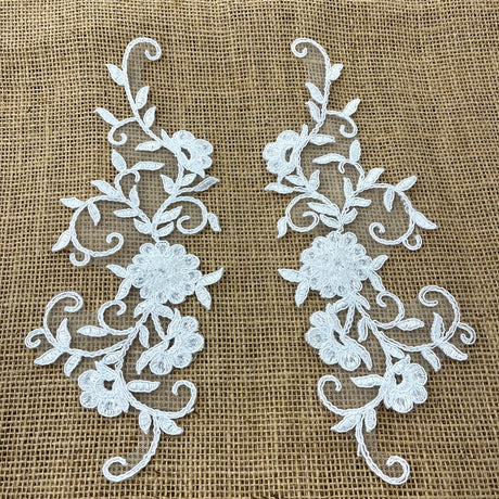 1 Pair Beaded & Corded Floral Lace Applique Embroidered on 100% Polyester 9.5" x 2" Each Side