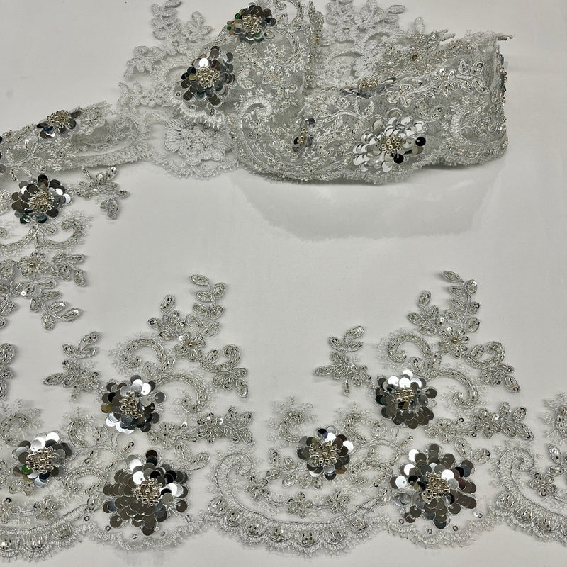 Beaded Corded Floral Lace Trim 6.5" Wide
