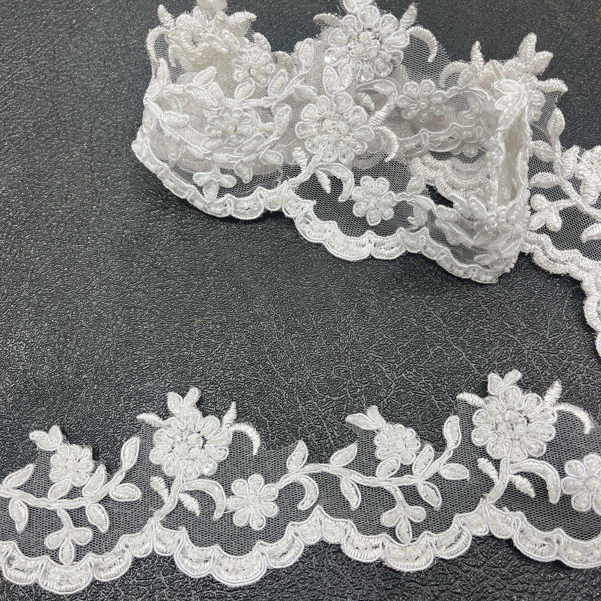 1 Yard 2.75 Inch Beaded and Corded Lace Trimming Embroidered on 100% Polyester Net Mesh