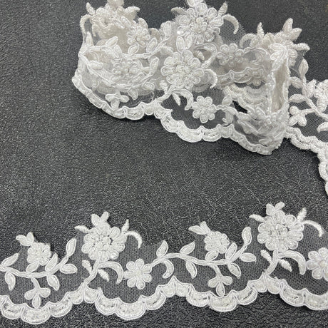 1 Yard 2.75 Inch Beaded and Corded Lace Trimming Embroidered on 100% Polyester Net Mesh