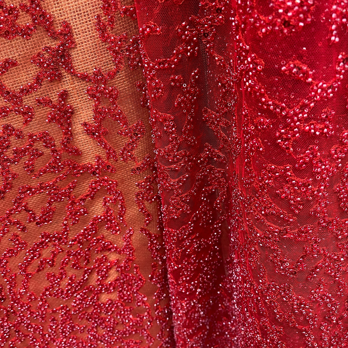 Beaded Lace Fabric on Polyester Net Mesh 52" Wide