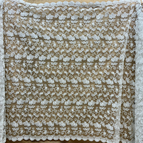 1 Yard Exquisite Ivory Silver Beaded Corded Bridal Lace Fabric on Net Mesh 52 inch Width