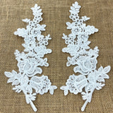 Beaded Corded Floral Lace Applique 100 Percent Polyester Fabric - Embroidered Net Mesh, 12" X 3.5" Each Side (1 Pair)