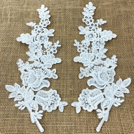 Beaded Corded Floral Lace Applique 100 Percent Polyester Fabric - Embroidered Net Mesh, 12" X 3.5" Each Side (1 Pair)