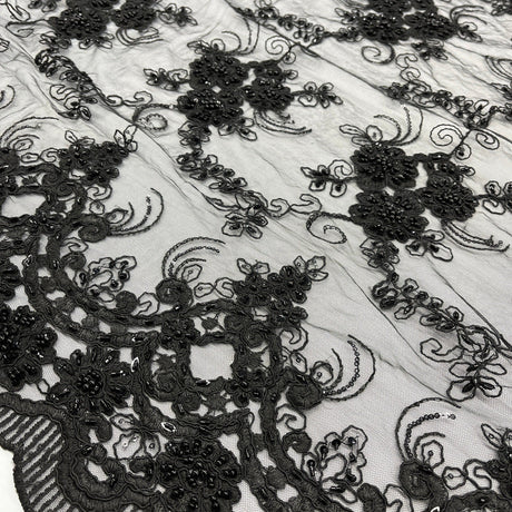 Beaded Corded Bridal Lace Black
