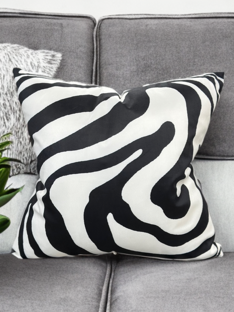 VIVA021 Polyester Velvet Fabric - White Abstract With Black Swirled Zebra Design, 20" X 20" (1 Pillow)