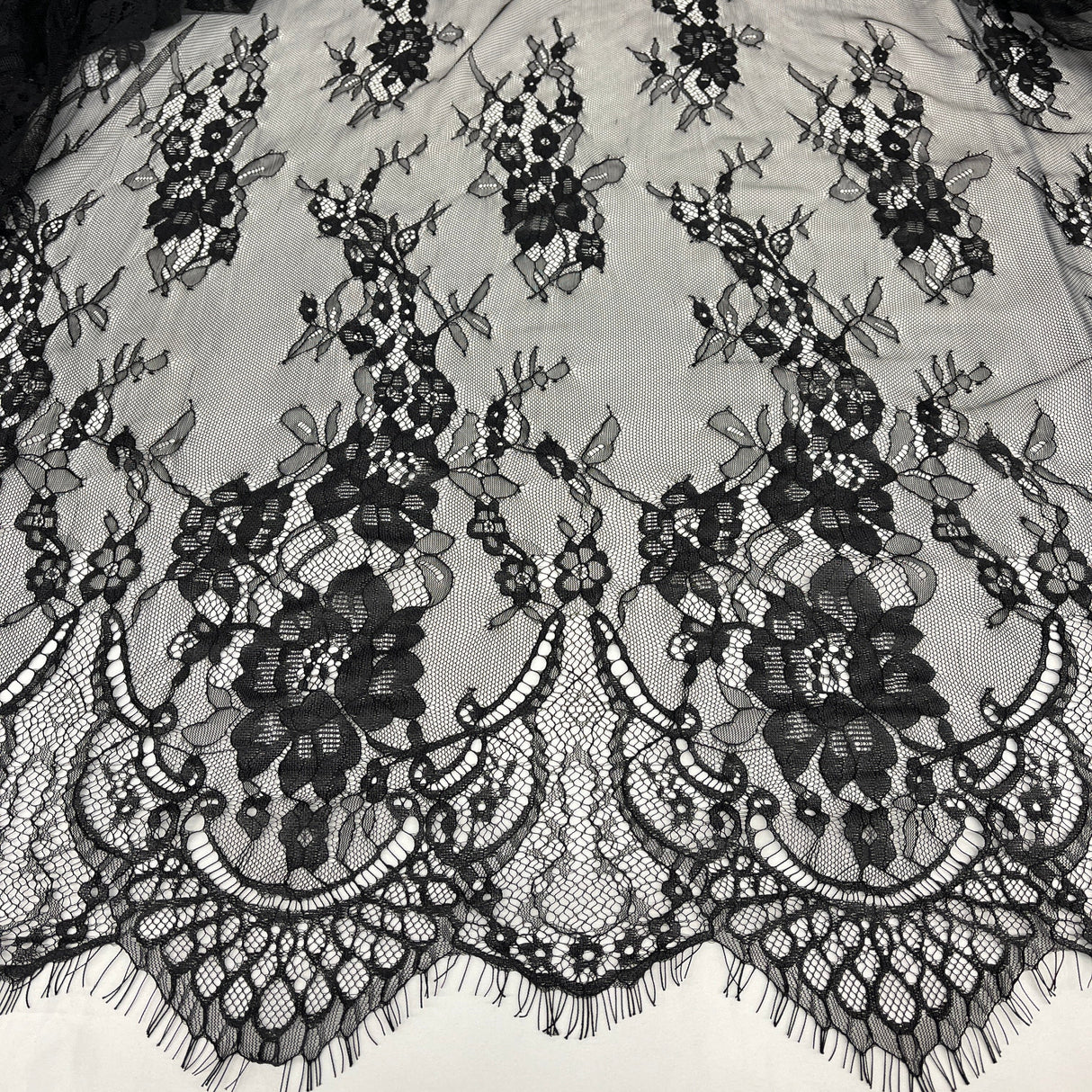 Embroidered Chantilly Lace Fabric with Eyelash Scallop