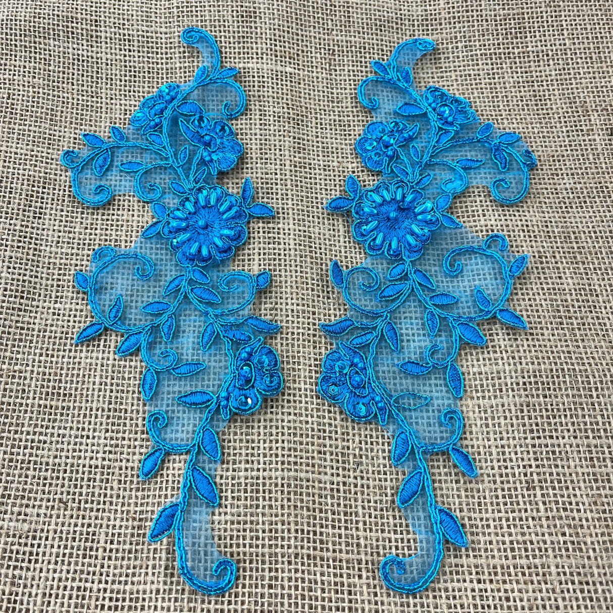 Beaded Corded Floral Lace Applique Embroidered Polyester Fabric - Floral, 9.5" X 2" (1 Pair)