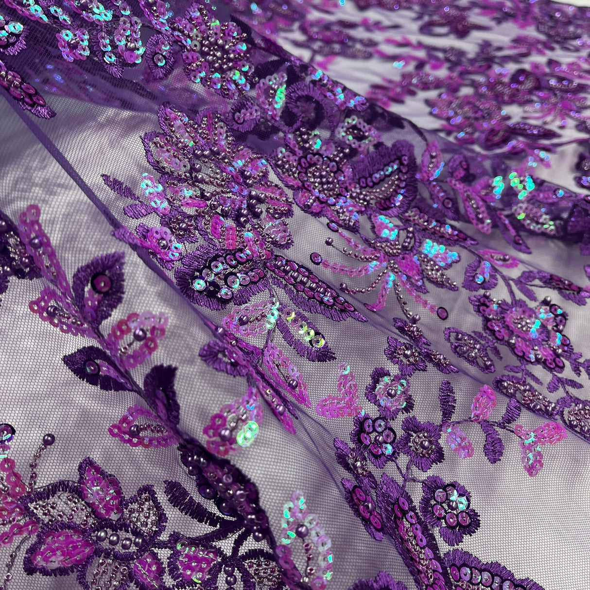 1 Yard Purple Beaded Sequined Sparkling Lace Fabric Embroidered on Polyester Net Mesh 51 inch Width