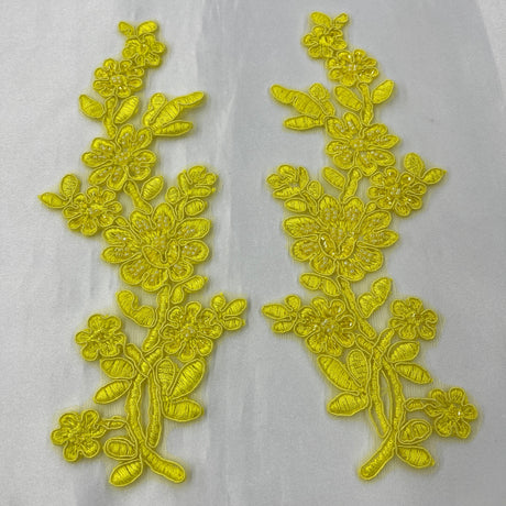 Beaded & Corded Floral Lace Applique Embroidered On 100 Percent Polyester Net Mesh Fabric - Floral Applique, 10" X 2" Each Side (1 Pair)