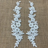 1 Pair 9.5" x 2" Each Side Beaded & Corded Floral Lace Applique Embroidered on 100% Polyester Net Mesh