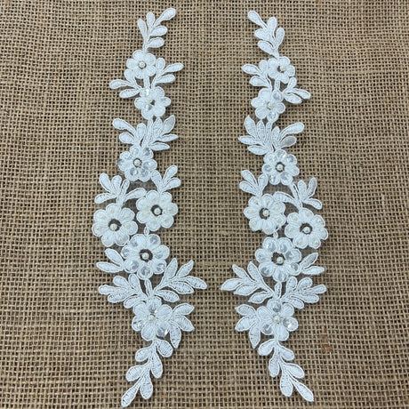 1 Pair 9.5" x 2" Each Side Beaded & Corded Floral Lace Applique Embroidered on 100% Polyester Net Mesh