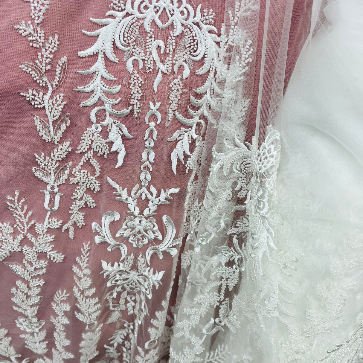 Beaded Lace Fabric on Polyester Net Mesh