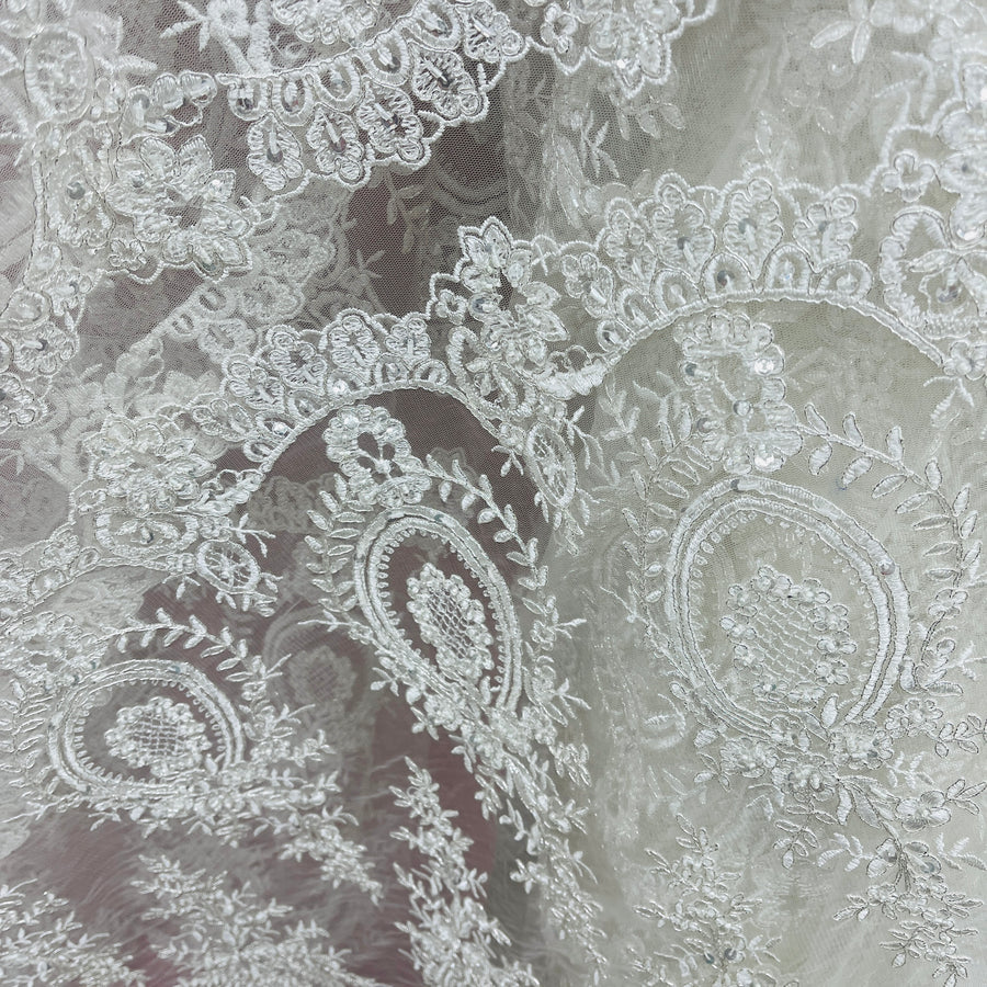 1 Yard Beaded & Corded Lace Fabric Embroidered on 100% Polyester Net Mesh Ivory with Silver