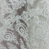 1 Yard Beaded & Corded Lace Fabric Embroidered on 100% Polyester Net Mesh Ivory with Silver