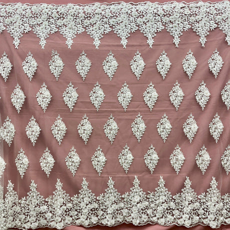 Beaded 3D Floral Lace Polyester Fabric - Off White, Gold, Silver, Lt. Blue, 52" Wide (1 Yard)