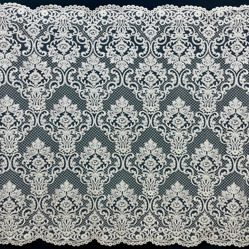 1 Yard Couture Beaded & Corded Bridal Lace with Sequins & Pearls Embroidered on Polyester Net Mesh, 54” Wide