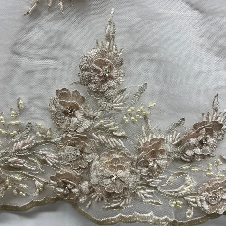 Beaded 3D Floral Lace Polyester Fabric - Lt. Blush With Silver, 54" Width (1 Yard)