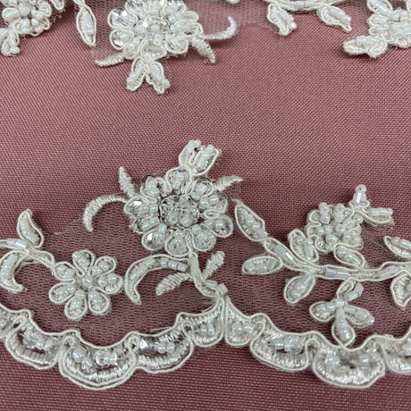 1 Yard 2.75 Inch Beaded and Corded Lace Trimming Embroidered on 100% Polyester Net Mesh