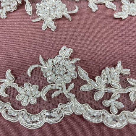 Beaded & Corded Lace Trimming Embroidered On 100 Percent Polyester Fabric - White, Ivory, 2.75" Wide (1 Yard)