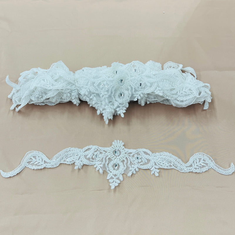 Beaded Lace Applique Embroidered On 100 Percent Polyester Net Mesh Fabric - White, Ivory, 16" X 3.5" (1 Piece)