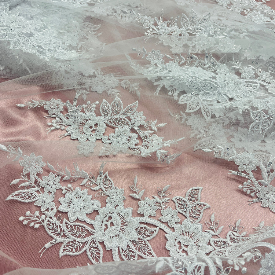 1 Yard Beaded and Corded Bridal Lace Fabric Embroidered on Polyester Net Mesh White and Ivory