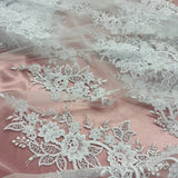 1 Yard Beaded and Corded Bridal Lace Fabric Embroidered on Polyester Net Mesh White and Ivory