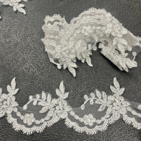 Beaded & Corded Lace Trimming Embroidered On 100% Polyester Net Mesh Fabric - Beaded, Corded, 3" Wide (1 Yard)